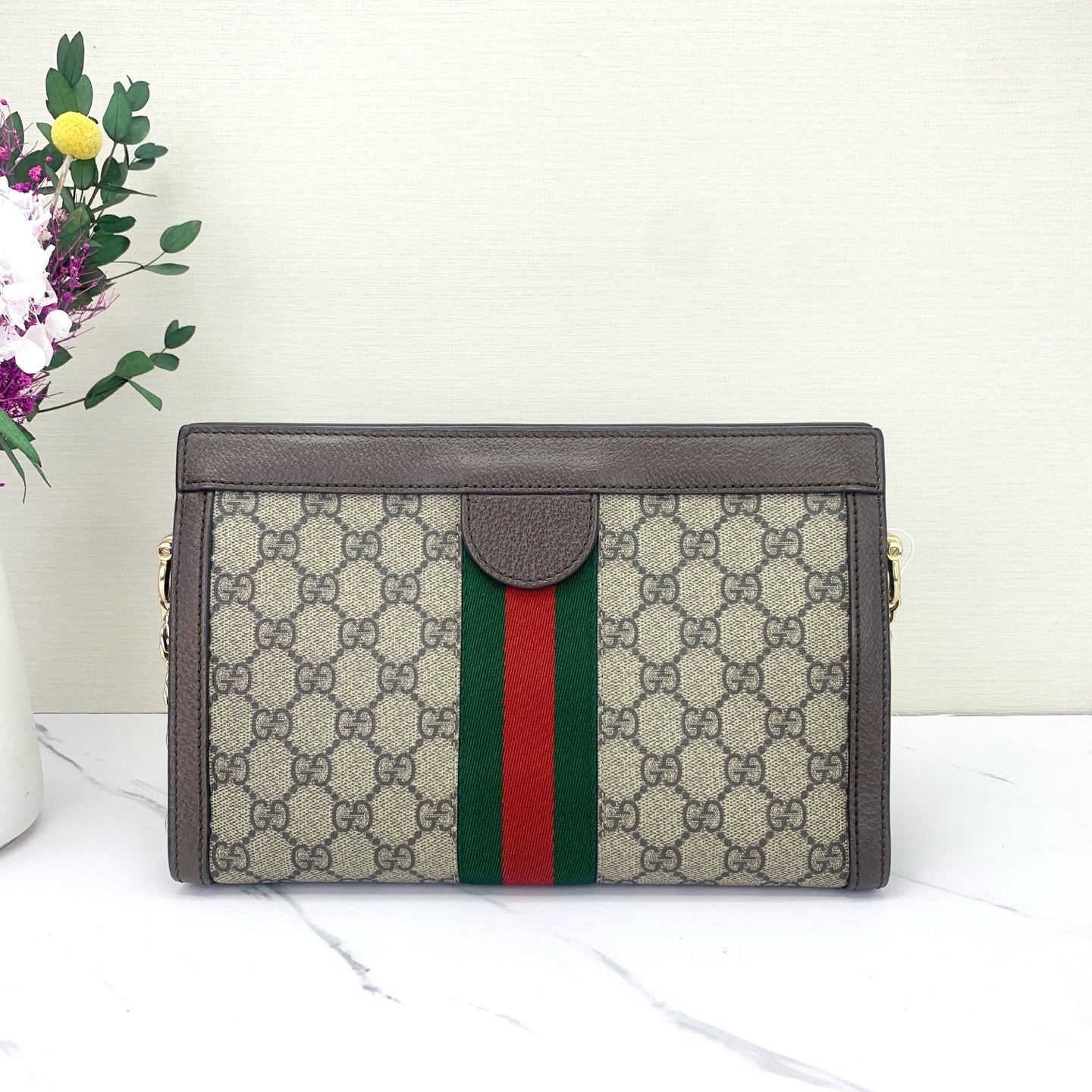 Gucci - Ophidia Monogram Clip Bag Small - GG Supreme canvas with brown leather trim - Beige and ebony with brown, green, and red accents - (small)