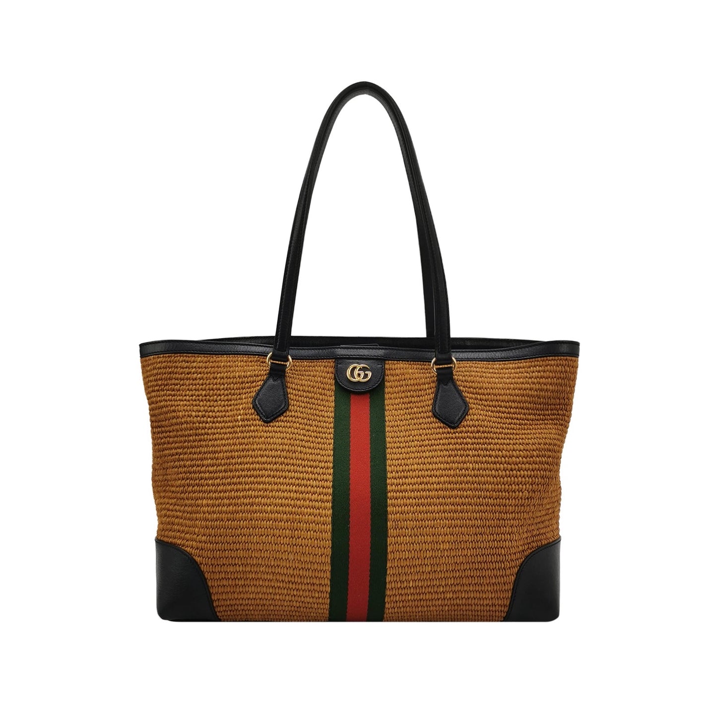 Gucci - Ophidia Raffia Tote Bag - Woven raffia with leather trim - Brown and Black with Red and Green stripe - (medium)