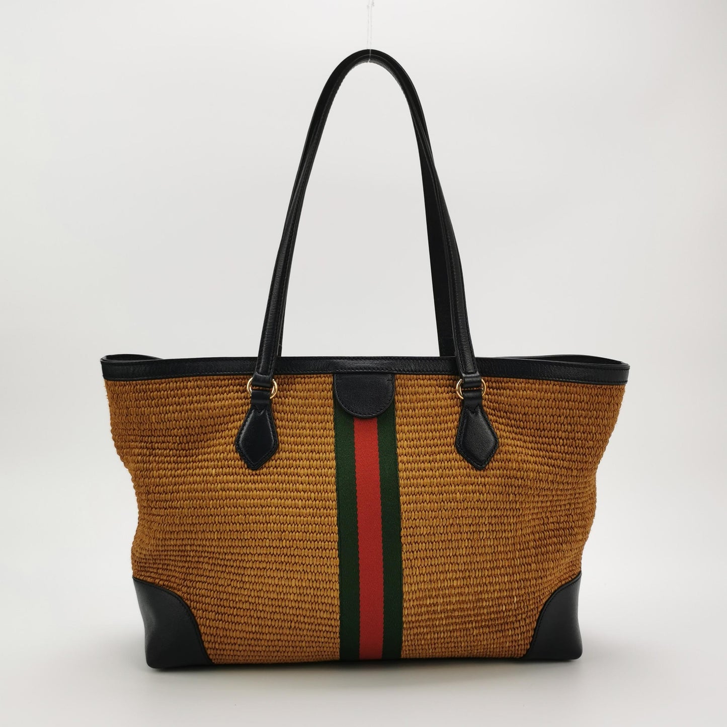 Gucci - Ophidia Raffia Tote Bag - Woven raffia with leather trim - Brown and Black with Red and Green stripe - (medium)