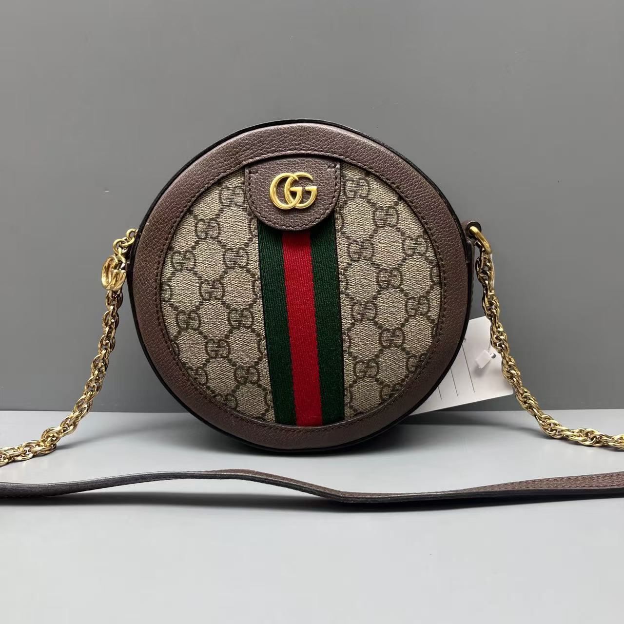 Gucci - Ophidia Round Mini Bag - GG Supreme canvas with leather trim - Beige and Ebony with Brown Leather and Green/Red Web Stripe - (mini)