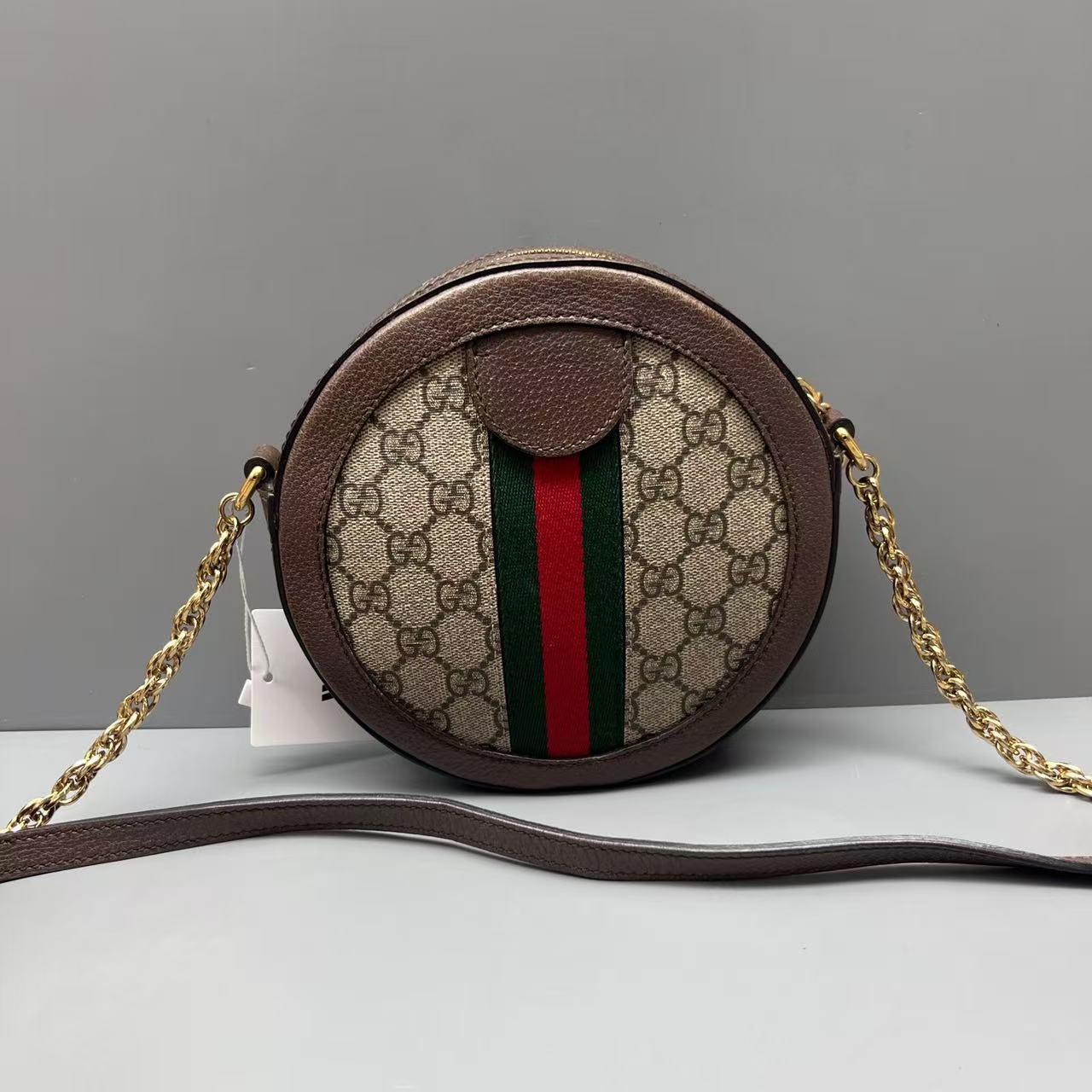 Gucci - Ophidia Round Mini Bag - GG Supreme canvas with leather trim - Beige and Ebony with Brown Leather and Green/Red Web Stripe - (mini)