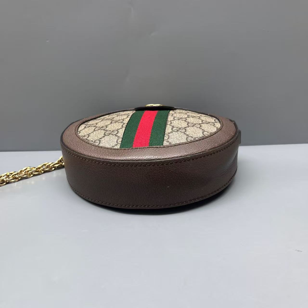 Gucci - Ophidia Round Mini Bag - GG Supreme canvas with leather trim - Beige and Ebony with Brown Leather and Green/Red Web Stripe - (mini)