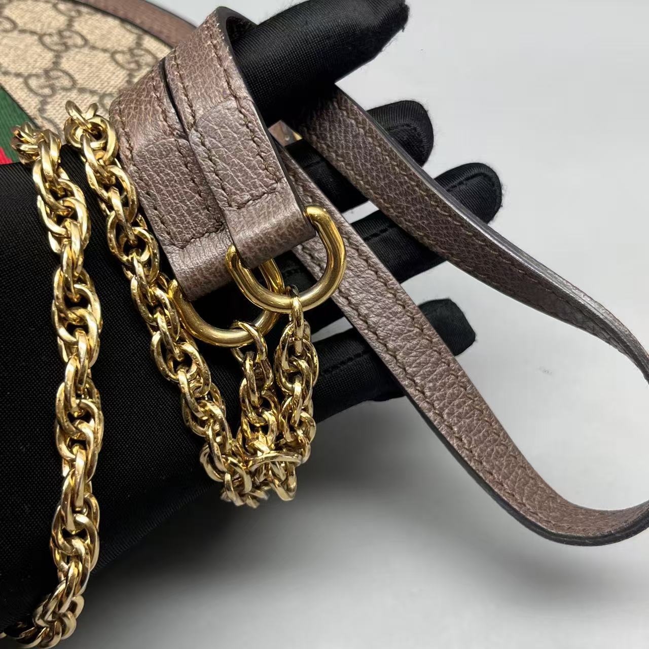 Gucci - Ophidia Round Mini Bag - GG Supreme canvas with leather trim - Beige and Ebony with Brown Leather and Green/Red Web Stripe - (mini)