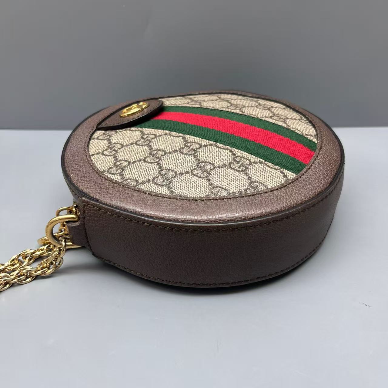 Gucci - Ophidia Round Mini Bag - GG Supreme canvas with leather trim - Beige and Ebony with Brown Leather and Green/Red Web Stripe - (mini)