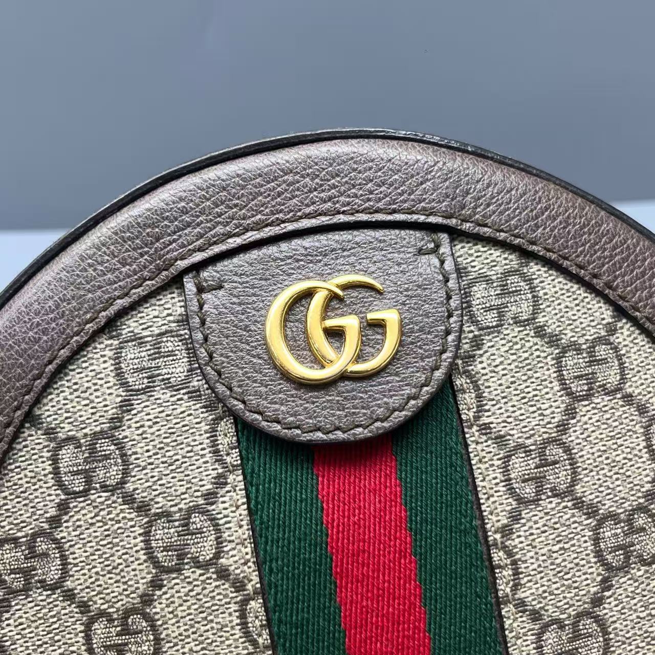 Gucci - Ophidia Round Mini Bag - GG Supreme canvas with leather trim - Beige and Ebony with Brown Leather and Green/Red Web Stripe - (mini)