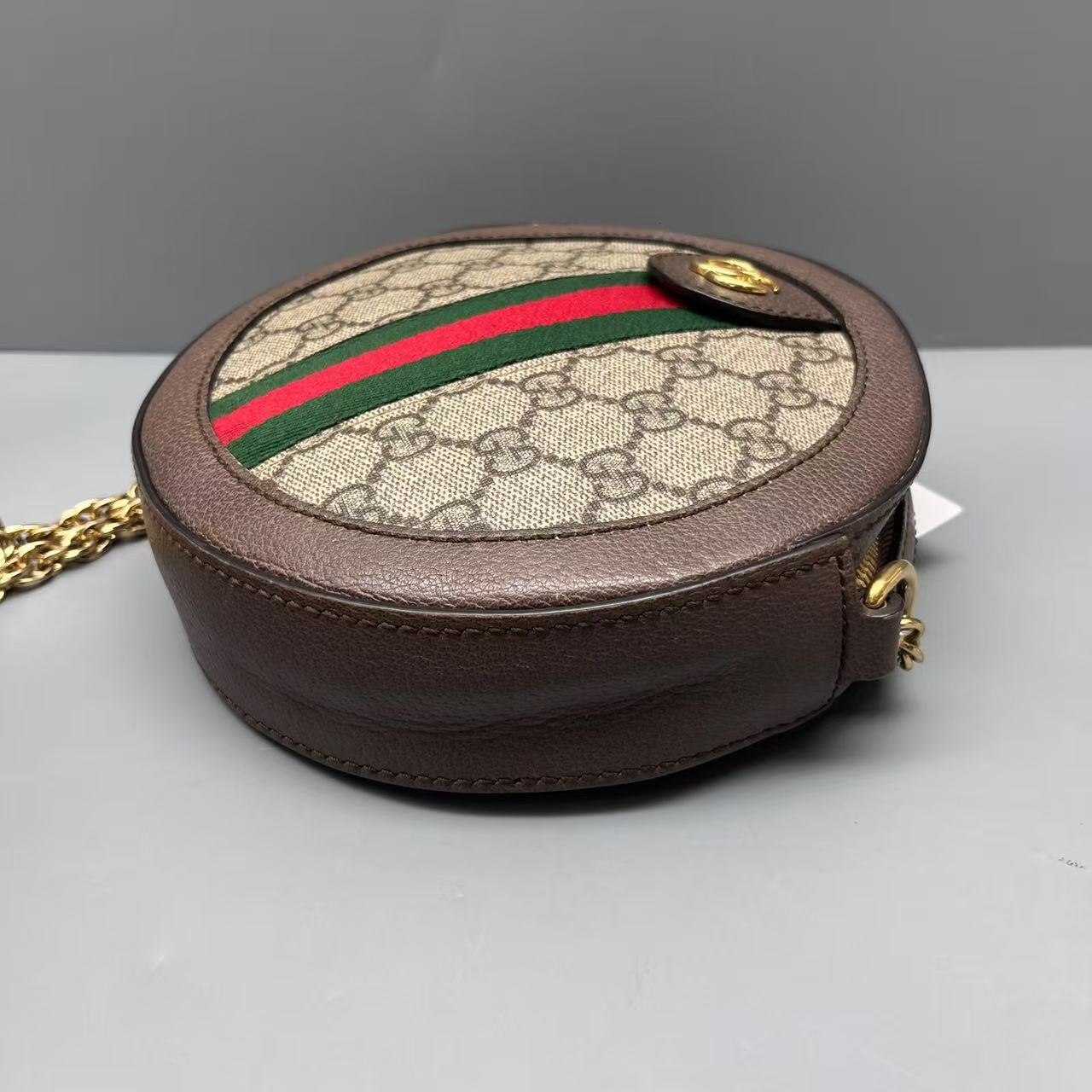 Gucci - Ophidia Round Mini Bag - GG Supreme canvas with leather trim - Beige and Ebony with Brown Leather and Green/Red Web Stripe - (mini)