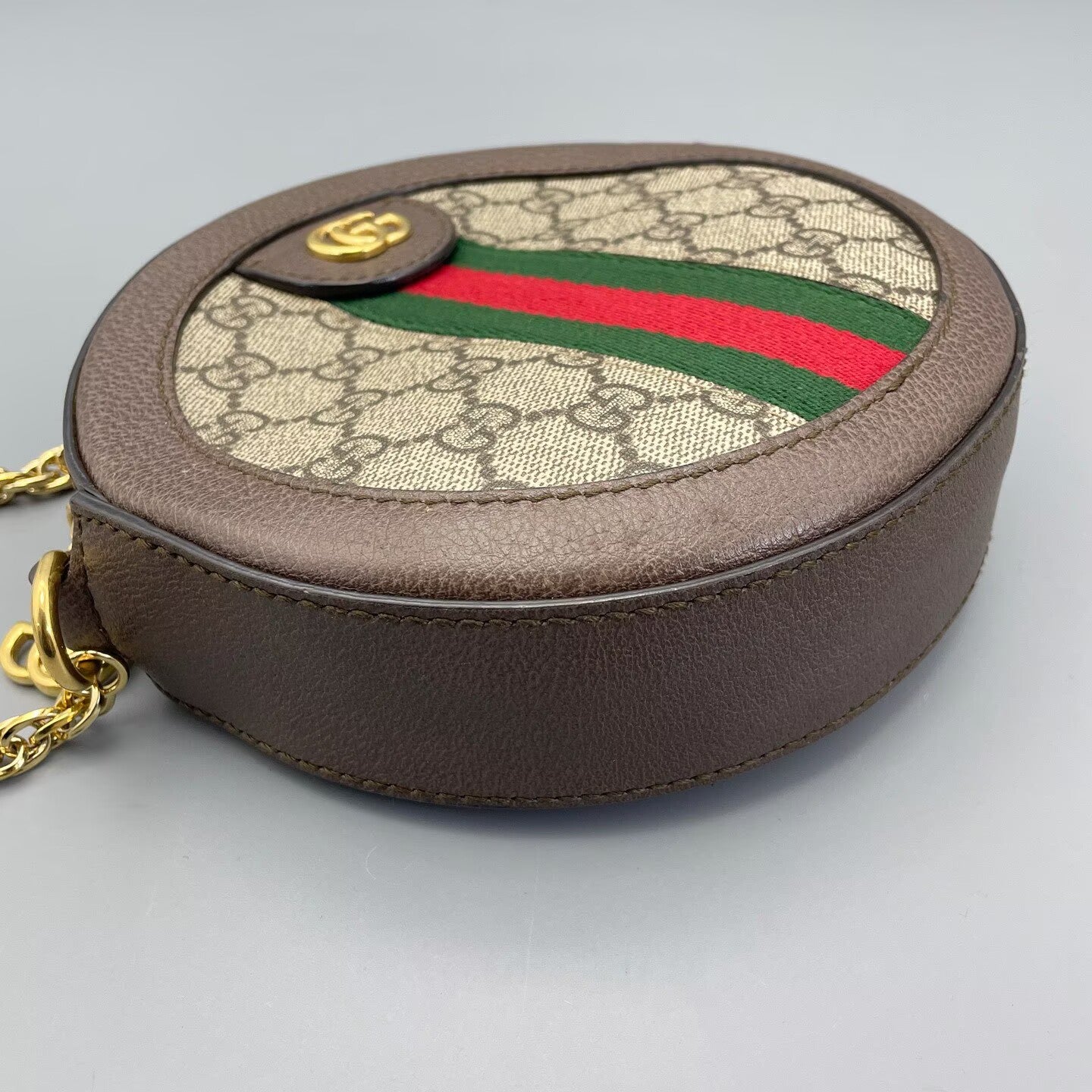 Gucci - Ophidia Round Mini Shoulder Bag - GG Supreme canvas with grained leather trim - Beige and Brown with Green and Red Web Stripe - (Mini)