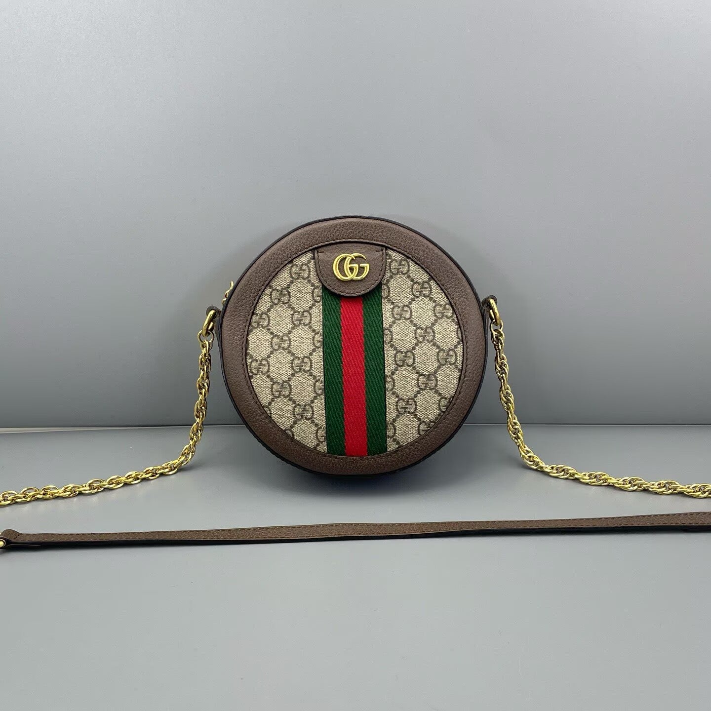 Gucci - Ophidia Round Mini Shoulder Bag - GG Supreme canvas with grained leather trim - Beige and Brown with Green and Red Web Stripe - (Mini)