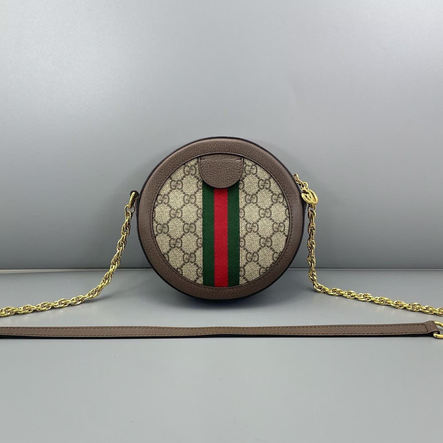 Gucci - Ophidia Round Mini Shoulder Bag - GG Supreme canvas with grained leather trim - Beige and Brown with Green and Red Web Stripe - (Mini)