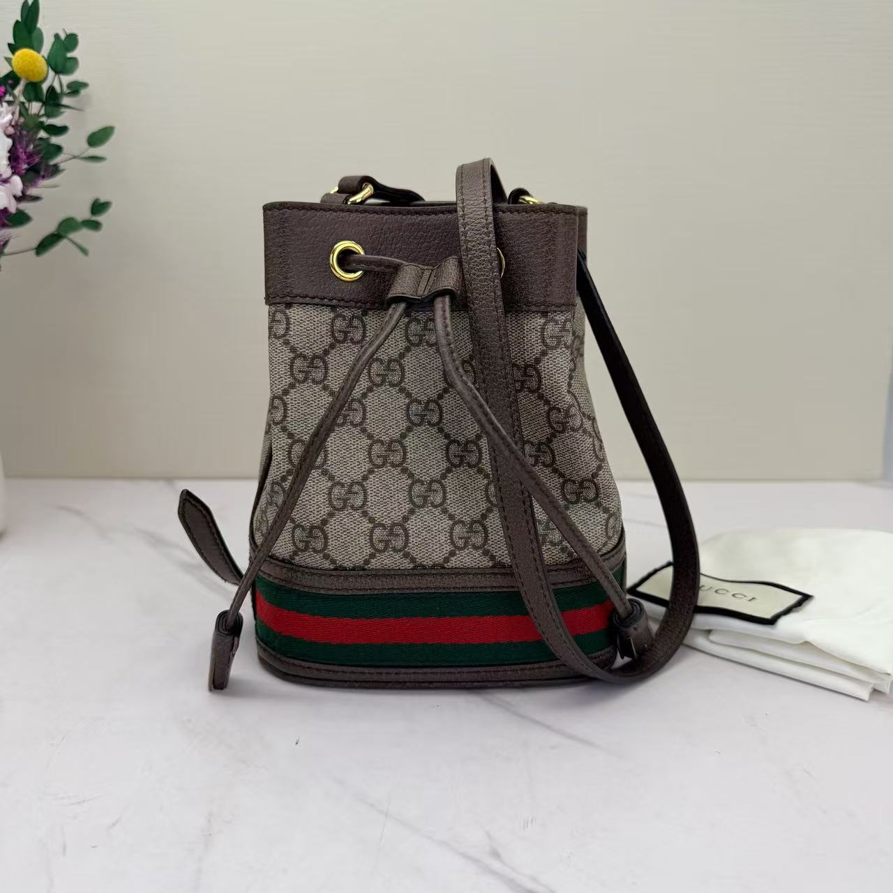 Gucci - Ophidia Small Bucket Bag - GG Supreme coated canvas with leather trim - Beige/Ebony with Dark Brown Leather and Green/Red Web Stripe - (mini)