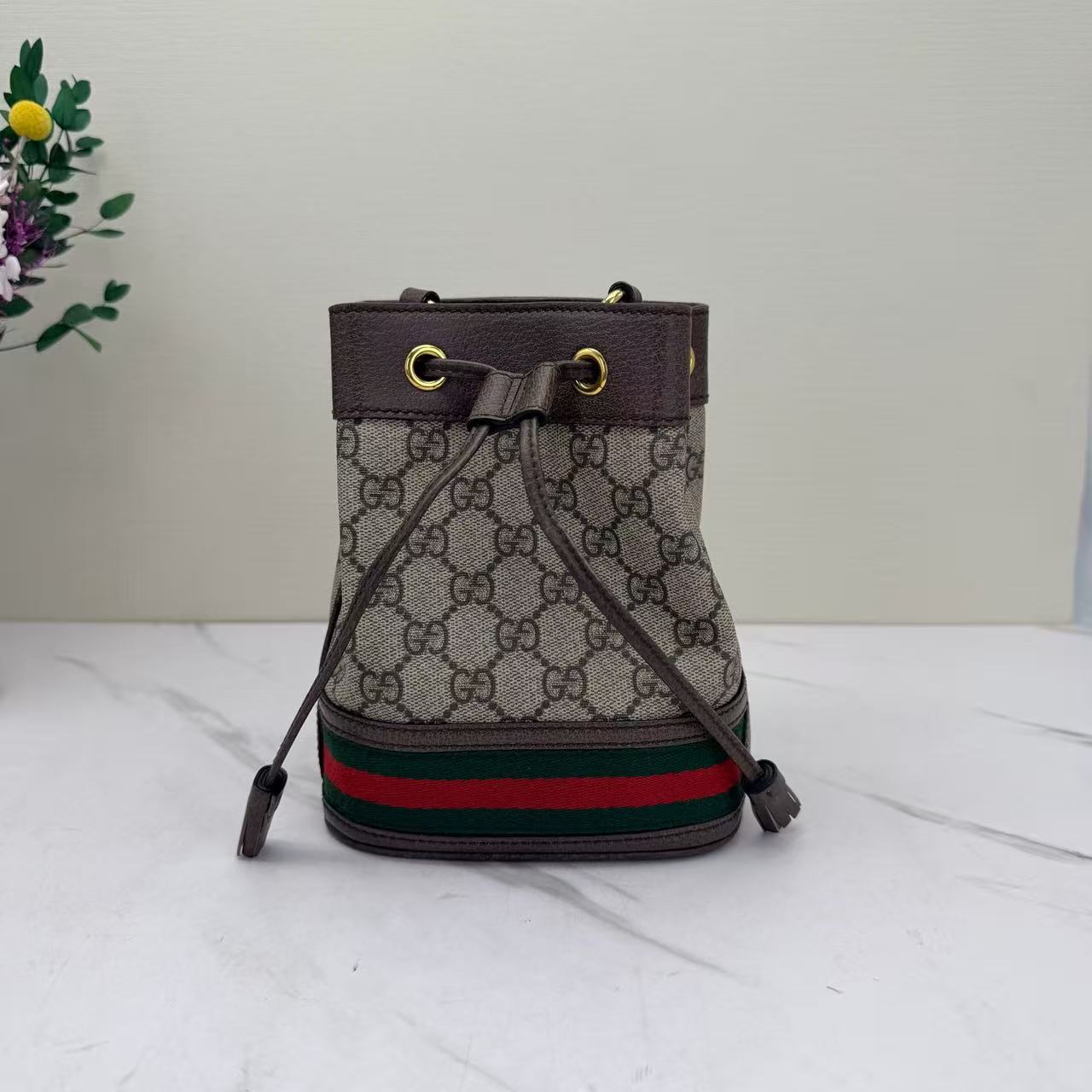 Gucci - Ophidia Small Bucket Bag - GG Supreme coated canvas with leather trim - Beige/Ebony with Dark Brown Leather and Green/Red Web Stripe - (mini)