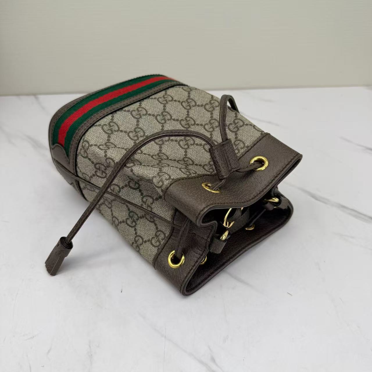 Gucci - Ophidia Small Bucket Bag - GG Supreme coated canvas with leather trim - Beige/Ebony with Dark Brown Leather and Green/Red Web Stripe - (mini)