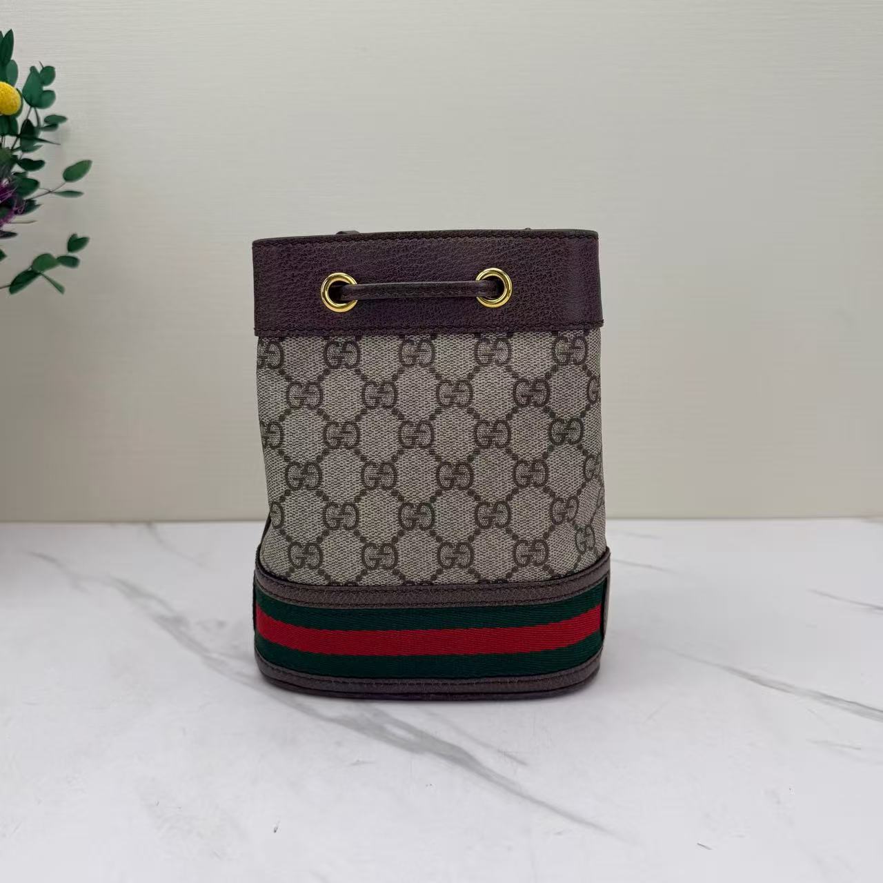 Gucci - Ophidia Small Bucket Bag - GG Supreme coated canvas with leather trim - Beige/Ebony with Dark Brown Leather and Green/Red Web Stripe - (mini)