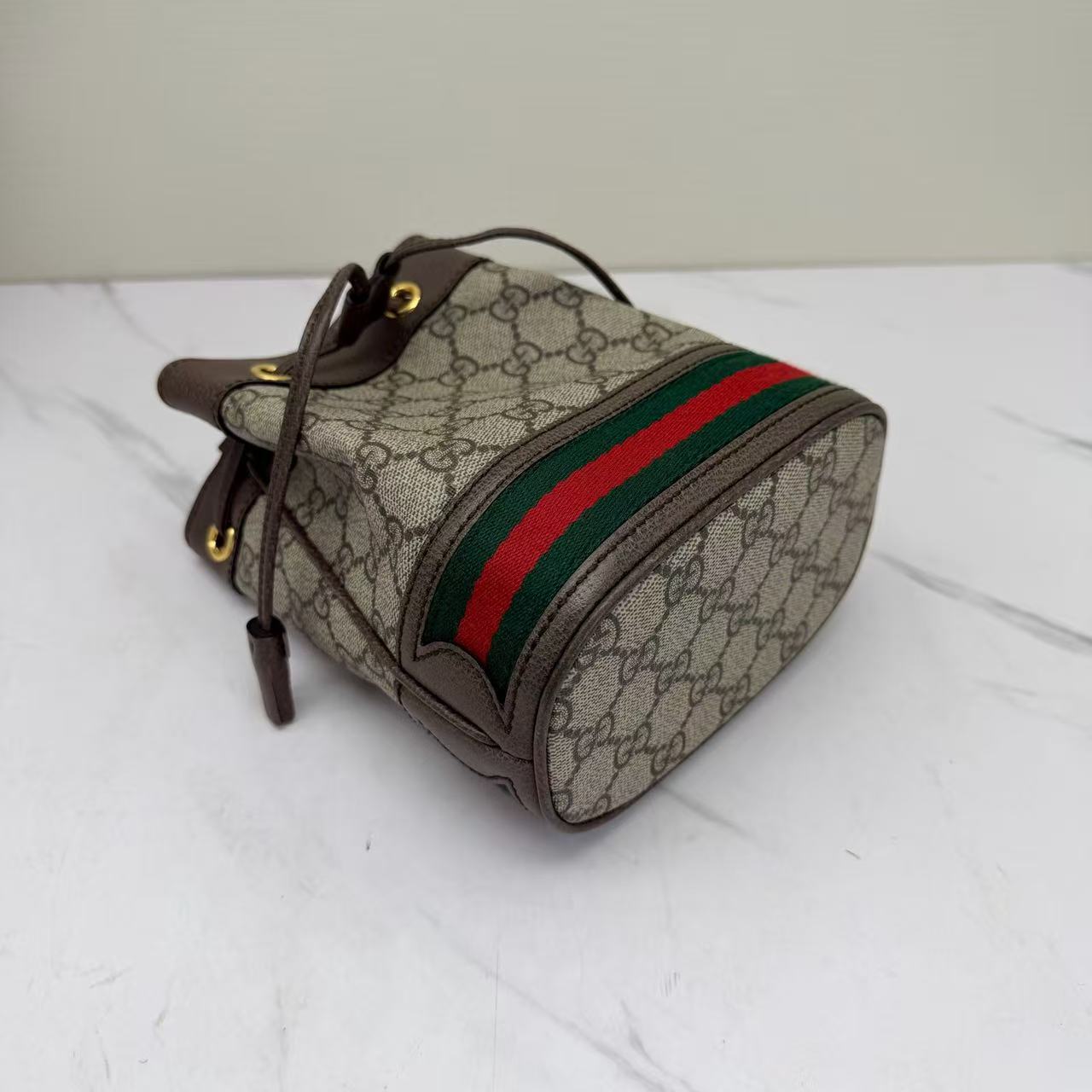 Gucci - Ophidia Small Bucket Bag - GG Supreme coated canvas with leather trim - Beige/Ebony with Dark Brown Leather and Green/Red Web Stripe - (mini)