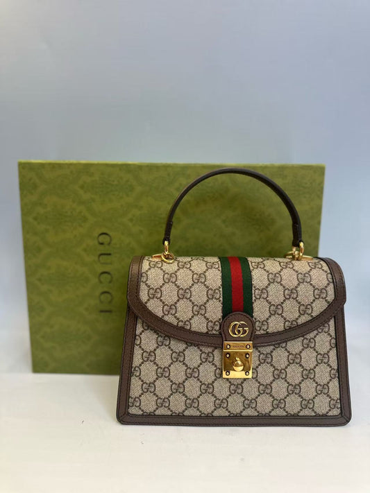 Gucci - Ophidia Small Top Handle Bag - GG Supreme canvas with leather trim - Beige and Brown with Red and Green Web - (Small)