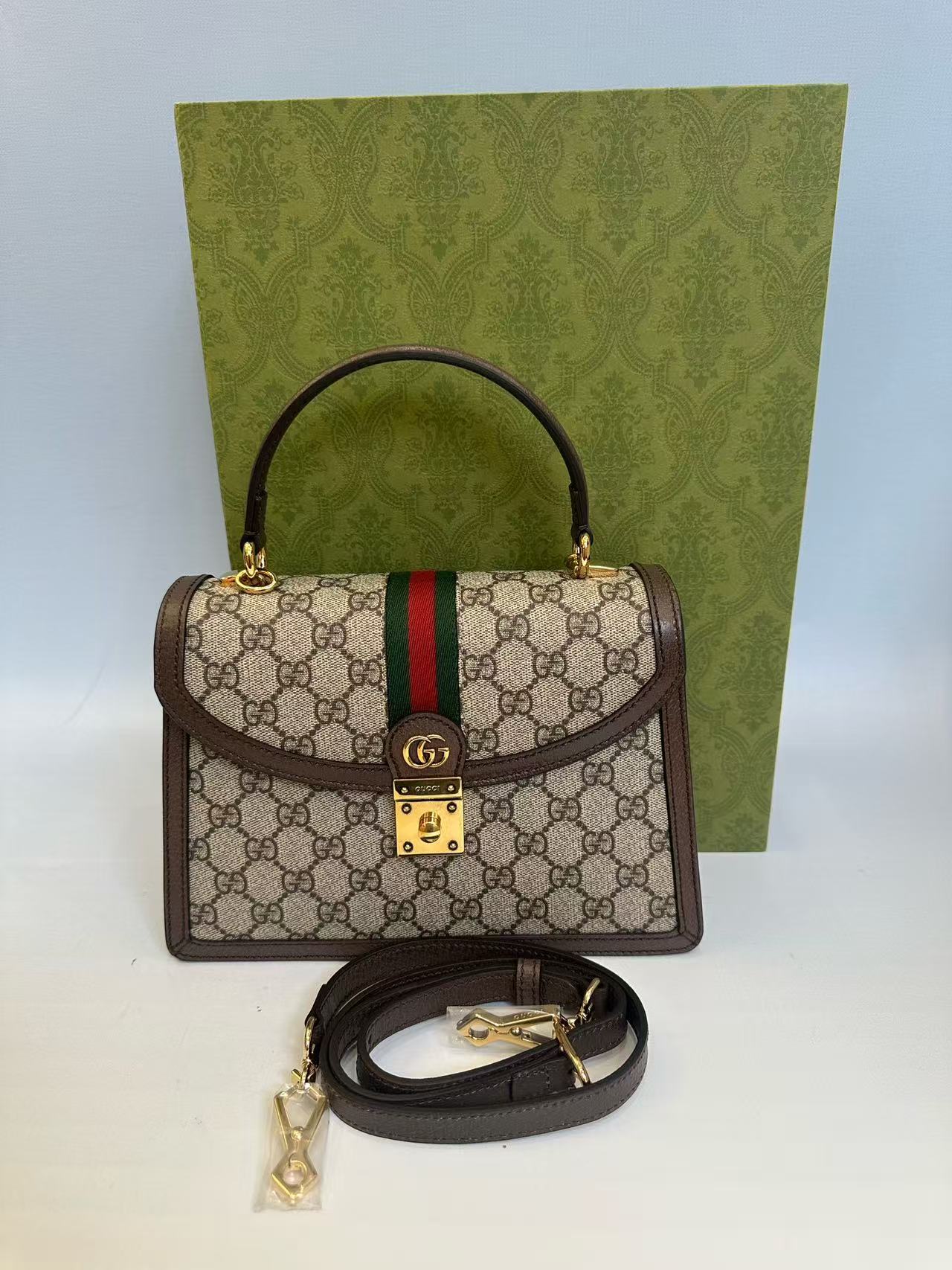 Gucci - Ophidia Small Top Handle Bag - GG Supreme canvas with leather trim - Beige and Brown with Red and Green Web - (Small)