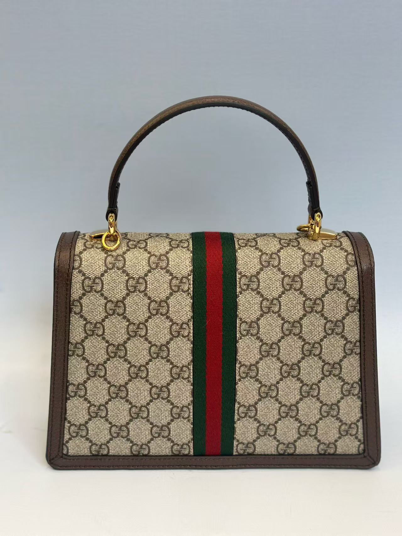 Gucci - Ophidia Small Top Handle Bag - GG Supreme canvas with leather trim - Beige and Brown with Red and Green Web - (Small)