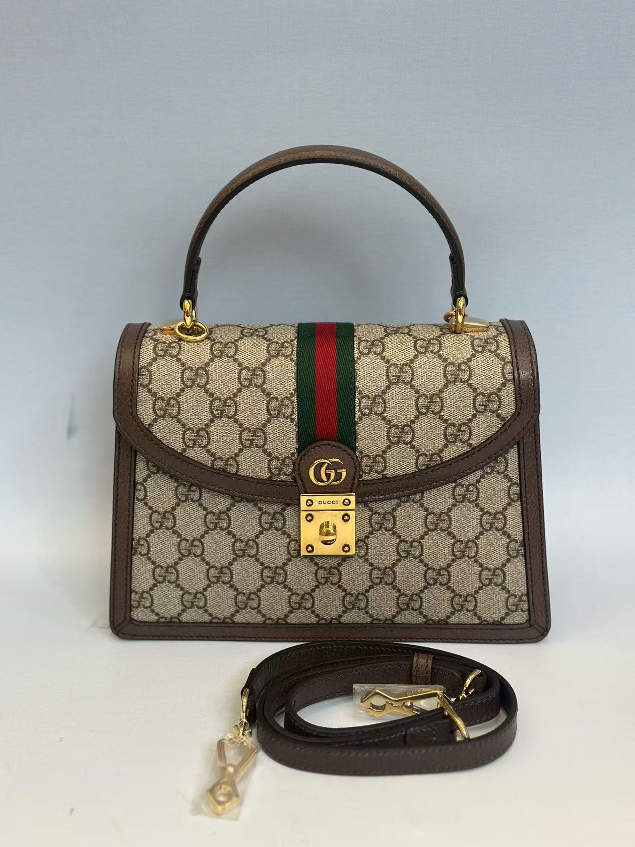 Gucci - Ophidia Small Top Handle Bag - GG Supreme canvas with leather trim - Beige and Brown with Red and Green Web - (Small)