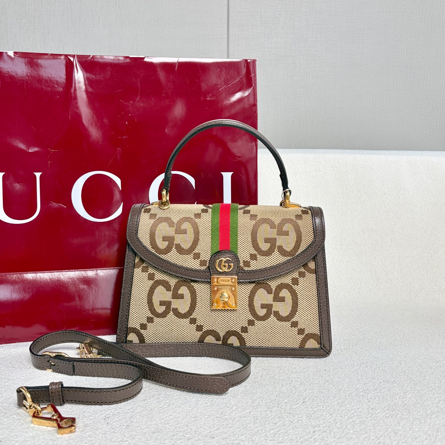 Gucci - Ophidia Top Handle Bag - Coated canvas and leather - Beige and Brown with Red and Green accents - (small)
