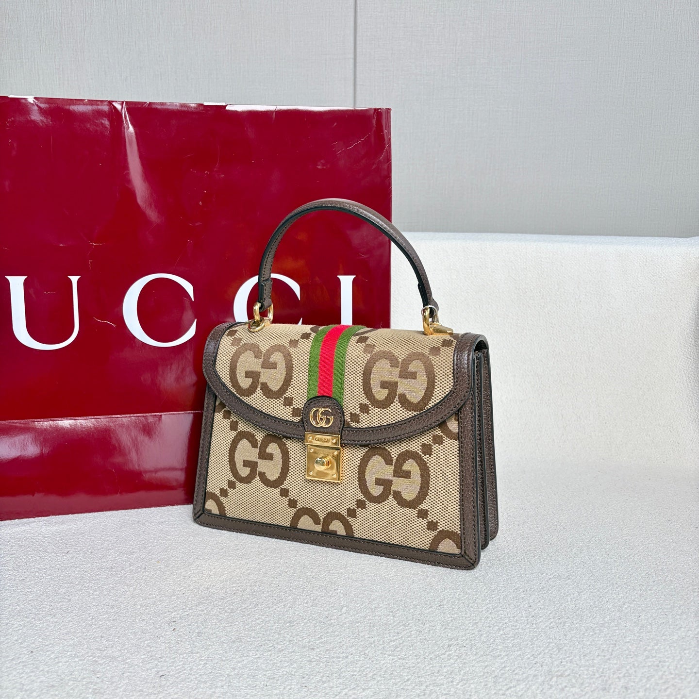 Gucci - Ophidia Top Handle Bag - Coated canvas and leather - Beige and Brown with Red and Green accents - (small)