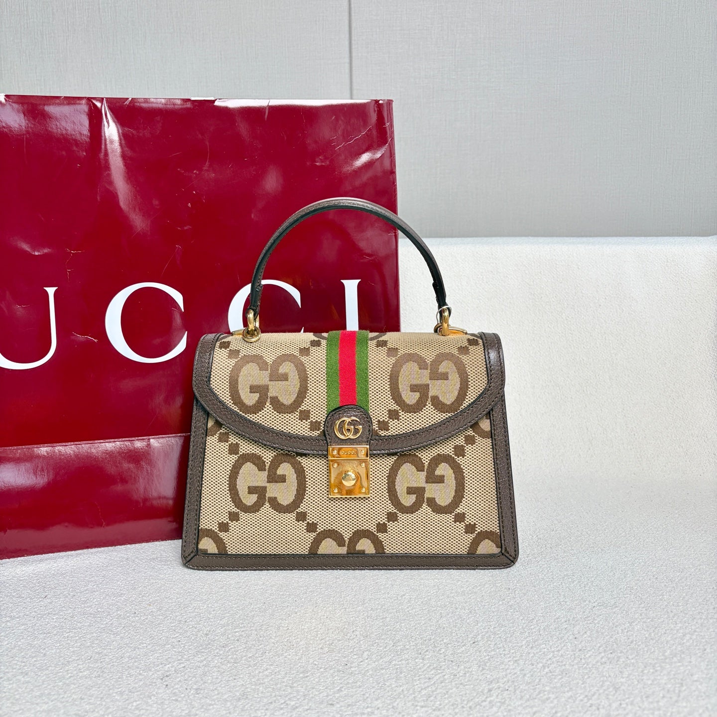 Gucci - Ophidia Top Handle Bag - Coated canvas and leather - Beige and Brown with Red and Green accents - (small)