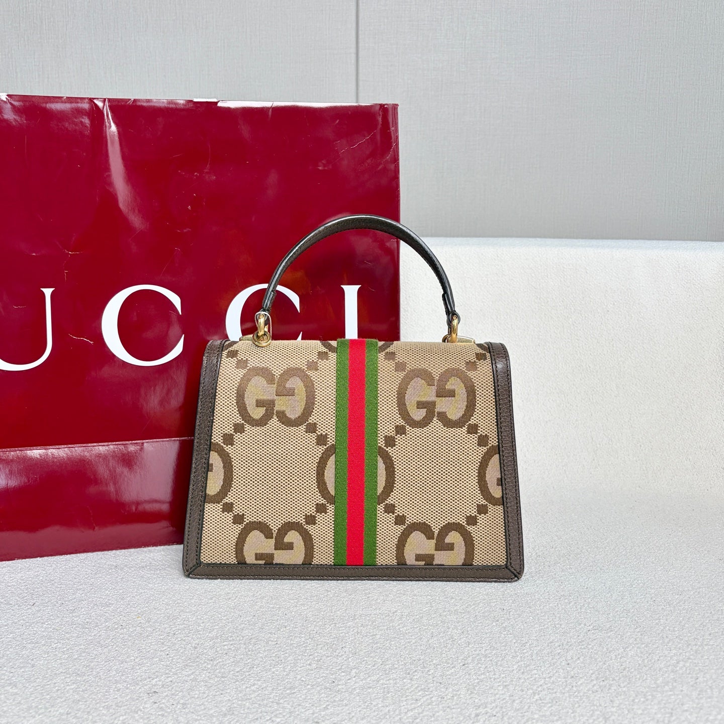 Gucci - Ophidia Top Handle Bag - Coated canvas and leather - Beige and Brown with Red and Green accents - (small)