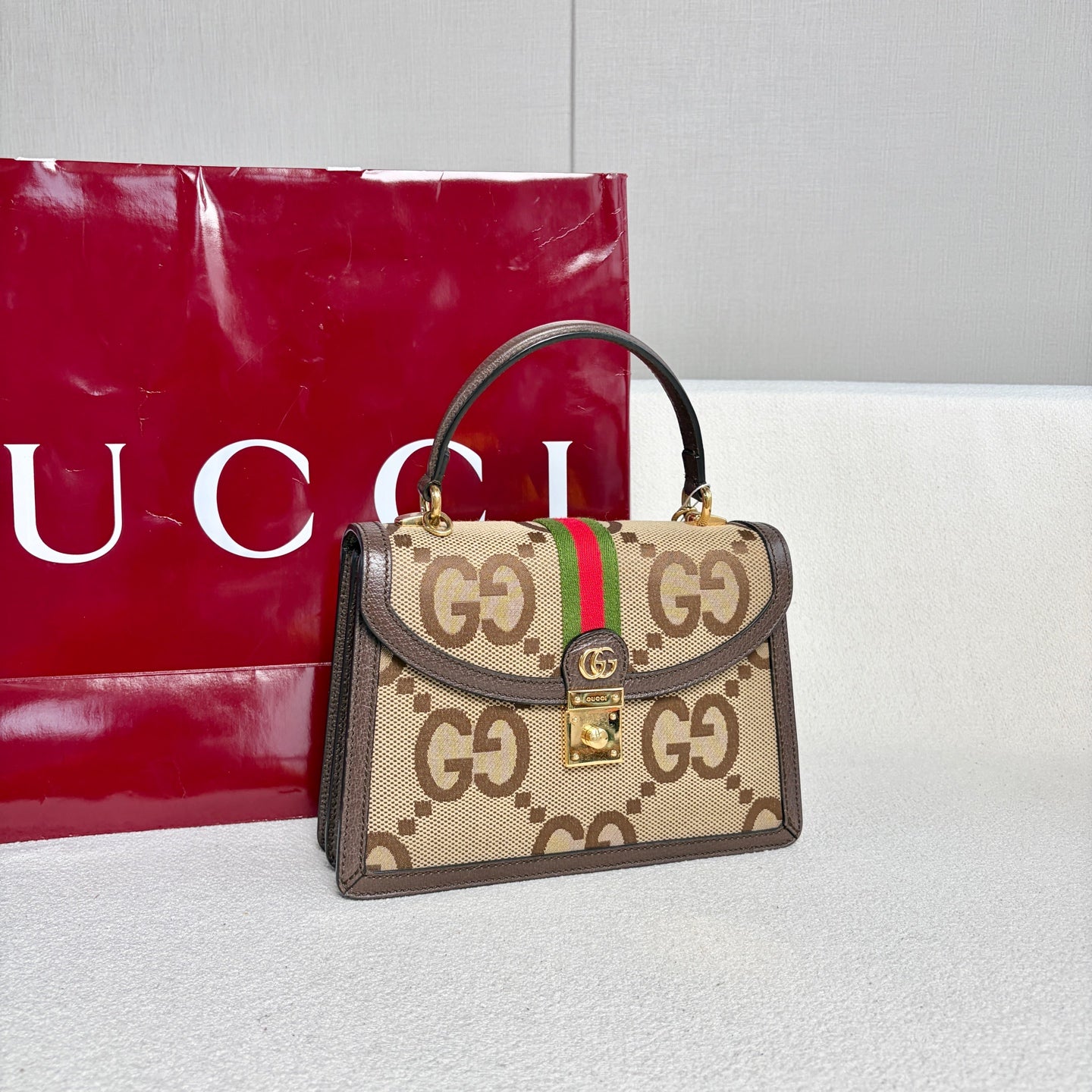 Gucci - Ophidia Top Handle Bag - Coated canvas and leather - Beige and Brown with Red and Green accents - (small)