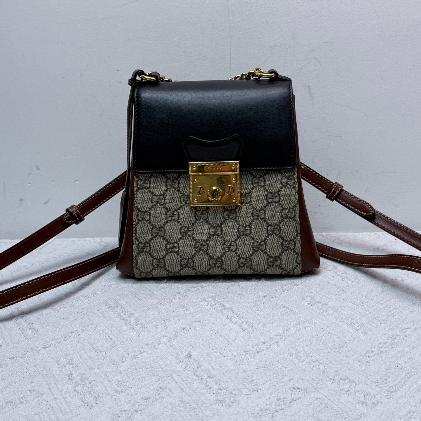 Gucci - Padlock Backpack - GG Supreme canvas with brown and black leather trim - Beige, Brown and Black with Gold-Tone Hardware - (mini)