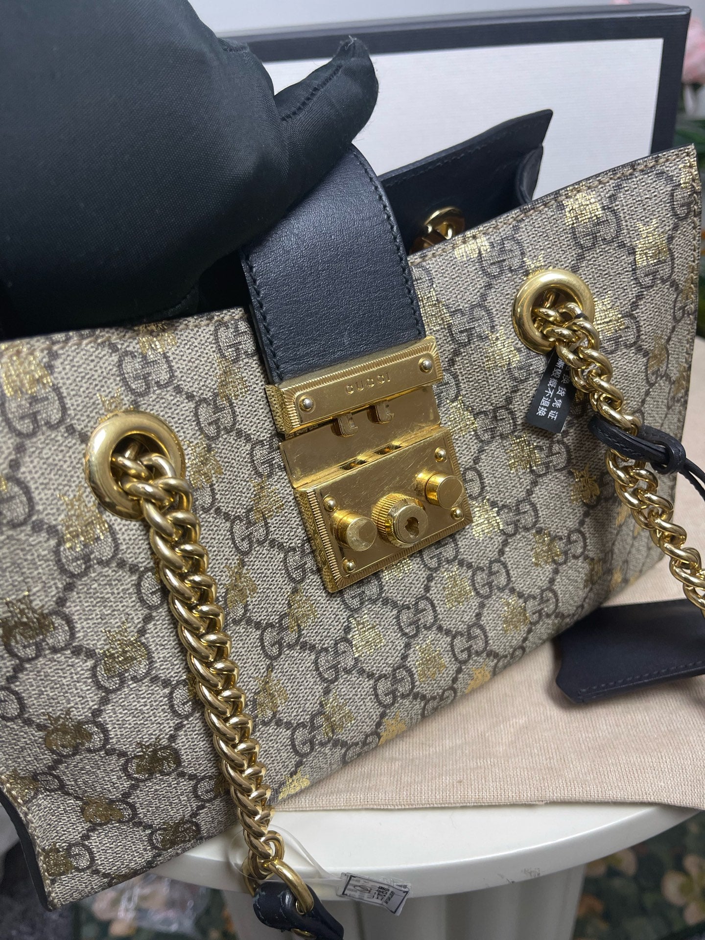 Gucci - Padlock Bee - GG Supreme canvas with leather trim - Beige and Ebony with Gold Bee Print and Black Leather - (small)