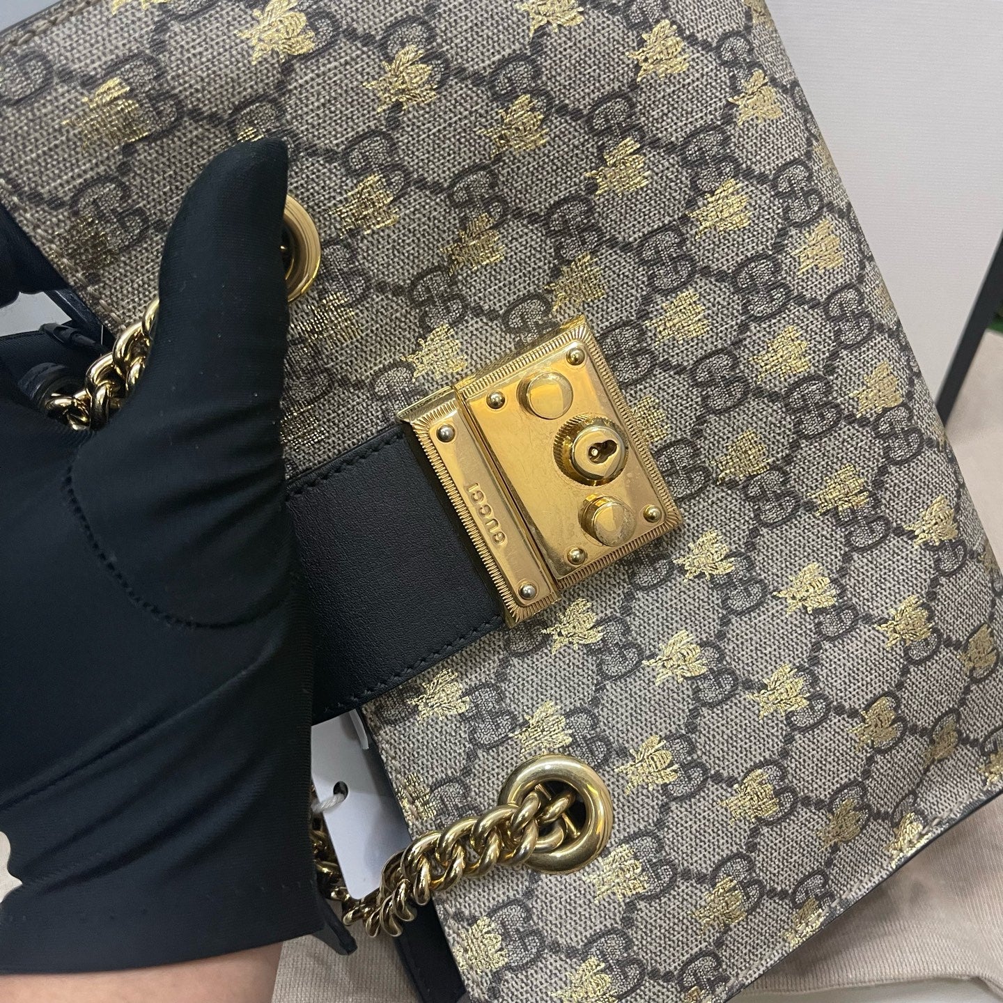 Gucci - Padlock Bee - GG Supreme canvas with leather trim - Beige and Ebony with Gold Bee Print and Black Leather - (small)