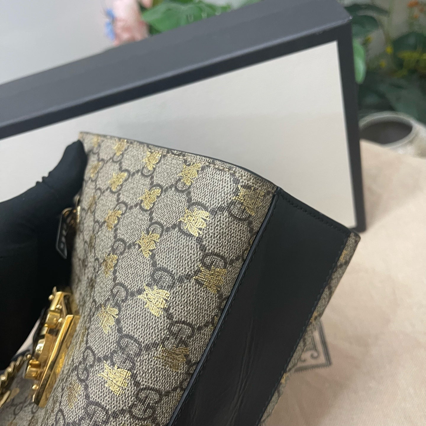 Gucci - Padlock Bee - GG Supreme canvas with leather trim - Beige and Ebony with Gold Bee Print and Black Leather - (small)