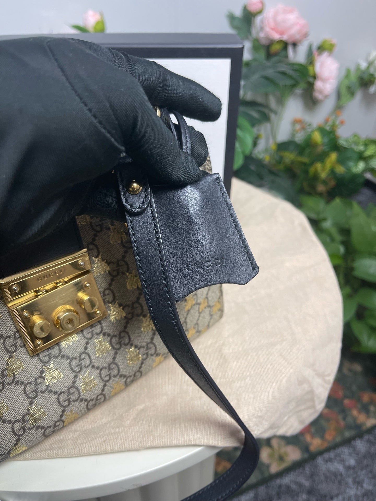 Gucci - Padlock Bee - GG Supreme canvas with leather trim - Beige and Ebony with Gold Bee Print and Black Leather - (small)