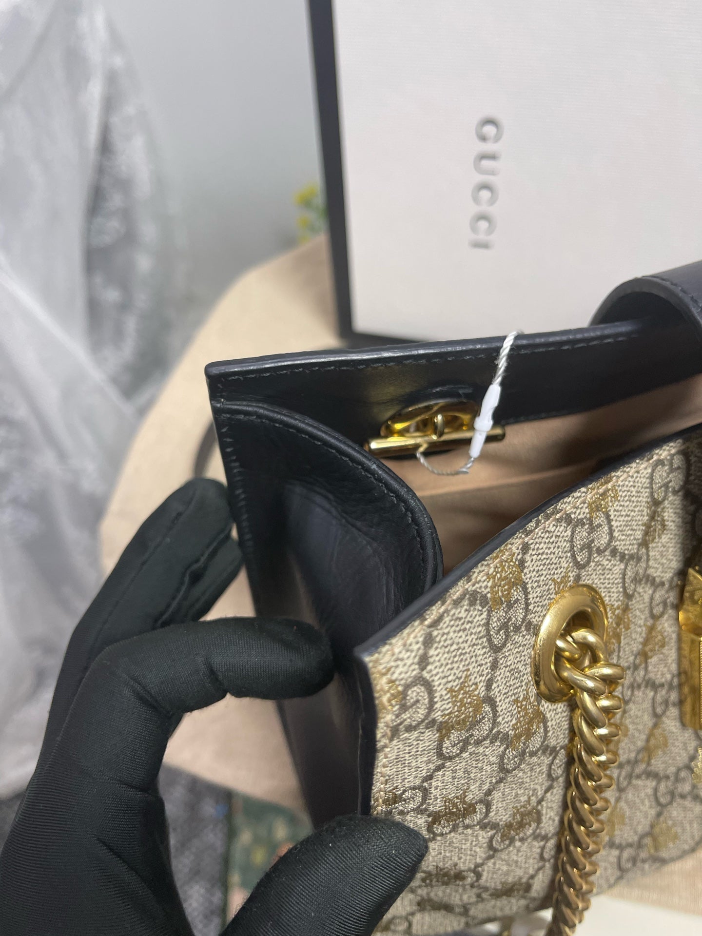 Gucci - Padlock Bee - GG Supreme canvas with leather trim - Beige and Ebony with Gold Bee Print and Black Leather - (small)
