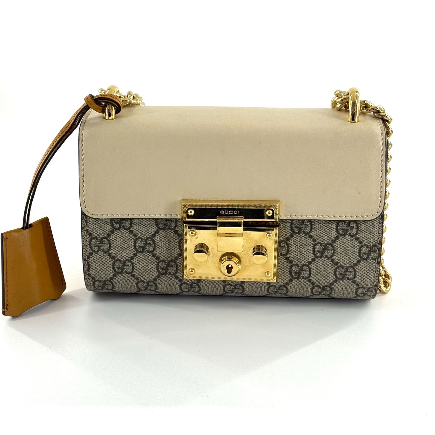 Gucci - Padlock Shoulder Bag - GG Supreme coated canvas and smooth leather - Beige and brown with white flap - (small)