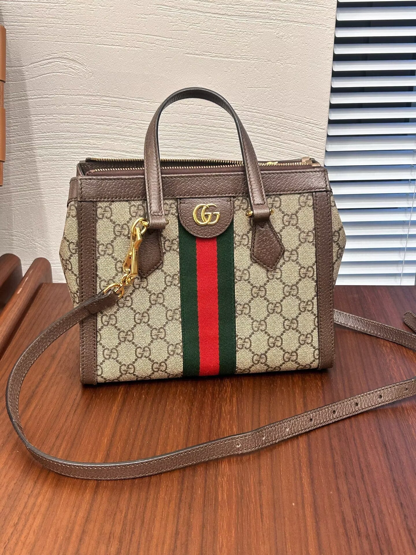 Gucci - Small Tote - GG Supreme canvas with leather trim - Beige/Brown GG Supreme with Red/Green Web - (Small)