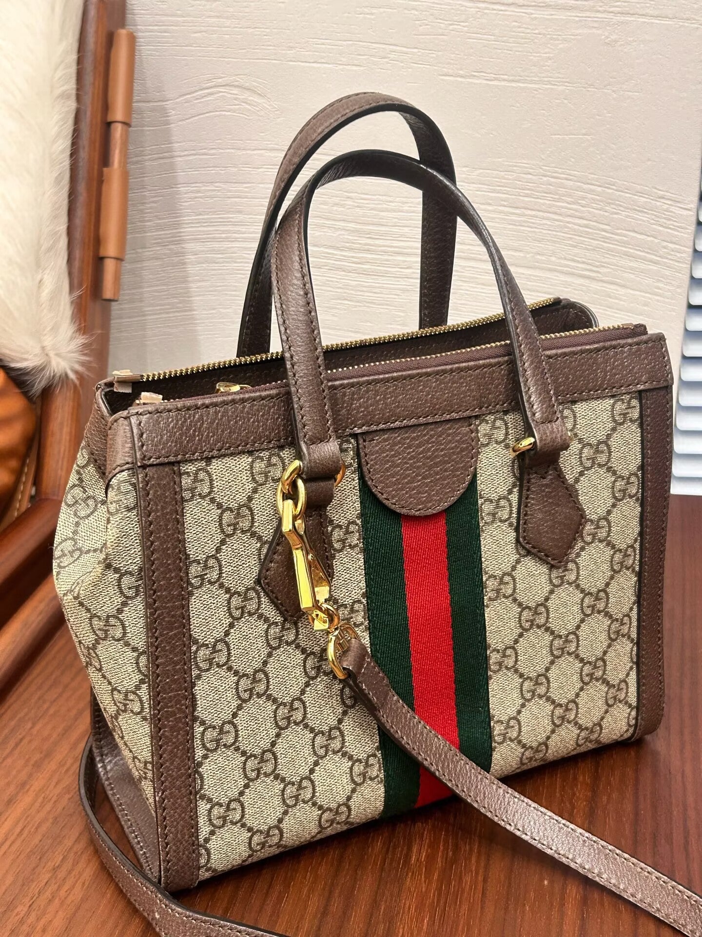 Gucci - Small Tote - GG Supreme canvas with leather trim - Beige/Brown GG Supreme with Red/Green Web - (Small)