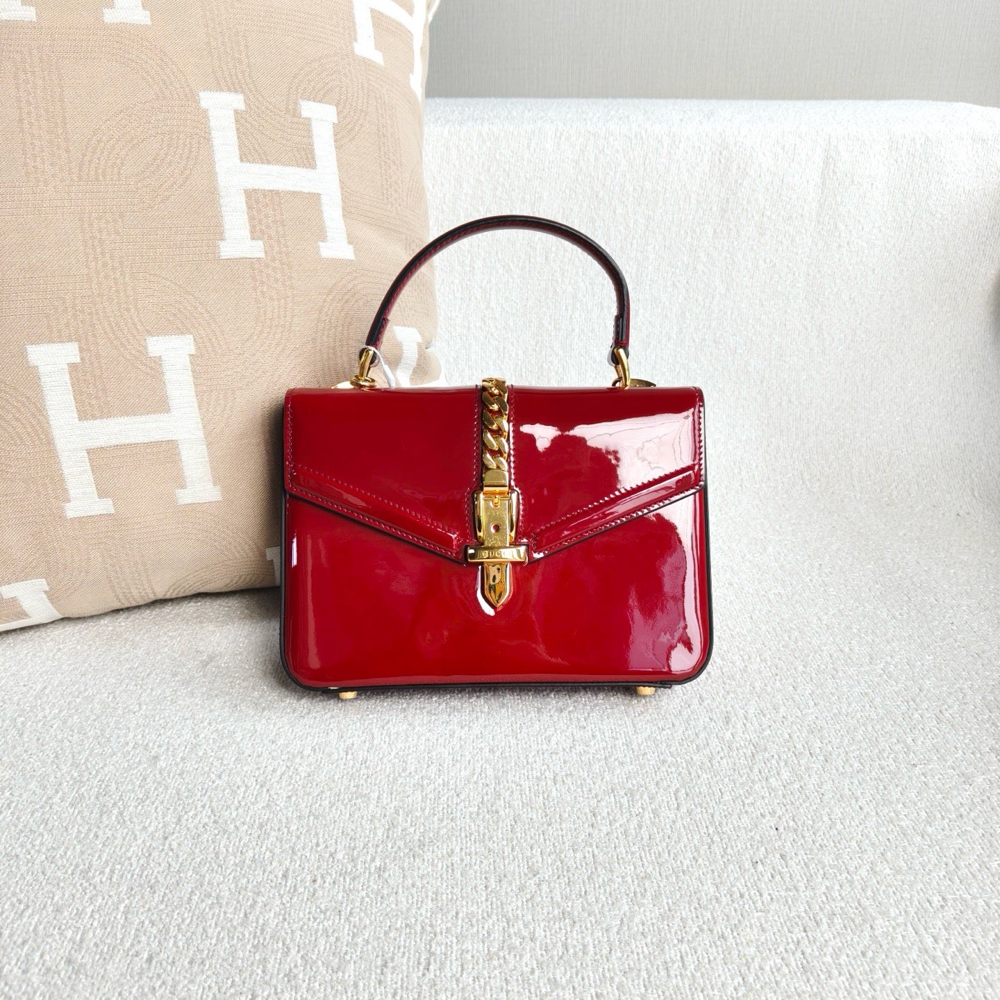 Gucci - Sylvie 1969 Top Handle Chain Bag - Patent leather - Red - (mini)
