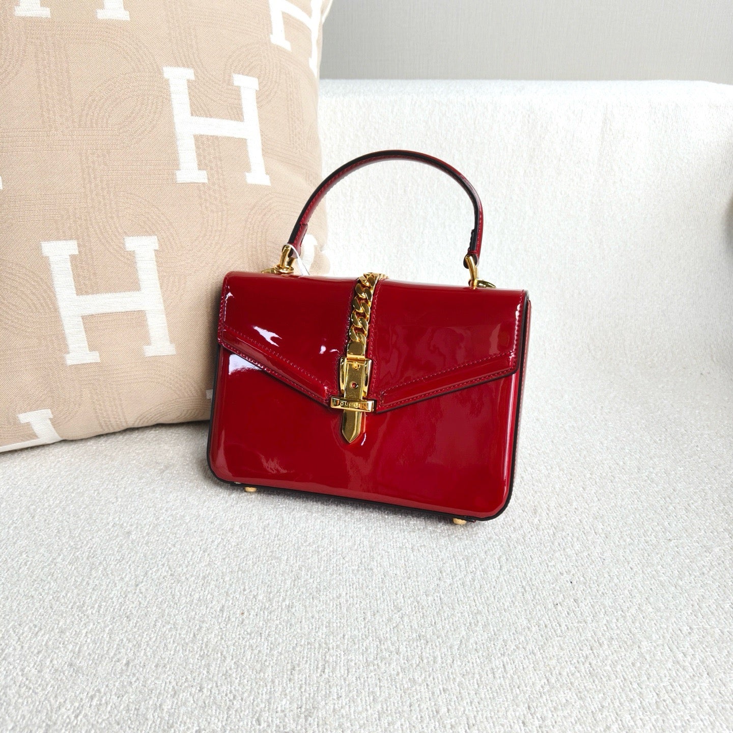 Gucci - Sylvie 1969 Top Handle Chain Bag - Patent leather - Red - (mini)