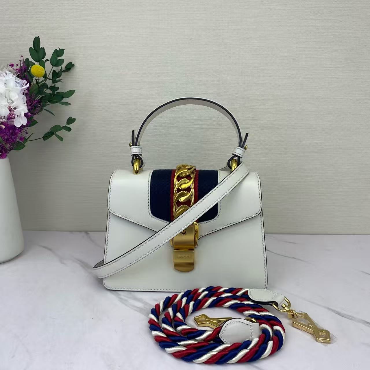 Gucci - Sylvie - Cowhide leather - White with Navy and Red Accents - (Small)