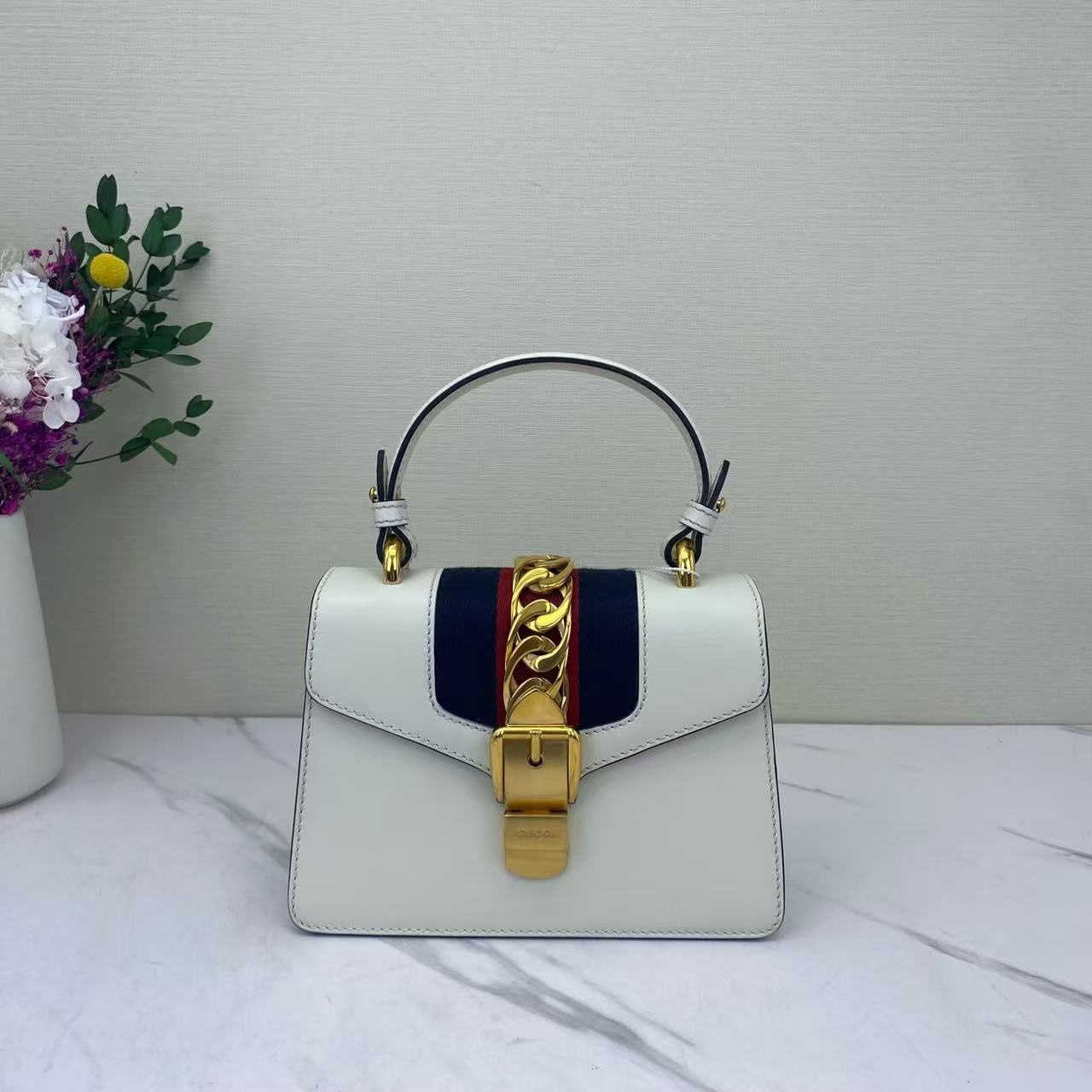 Gucci - Sylvie - Cowhide leather - White with Navy and Red Accents - (Small)