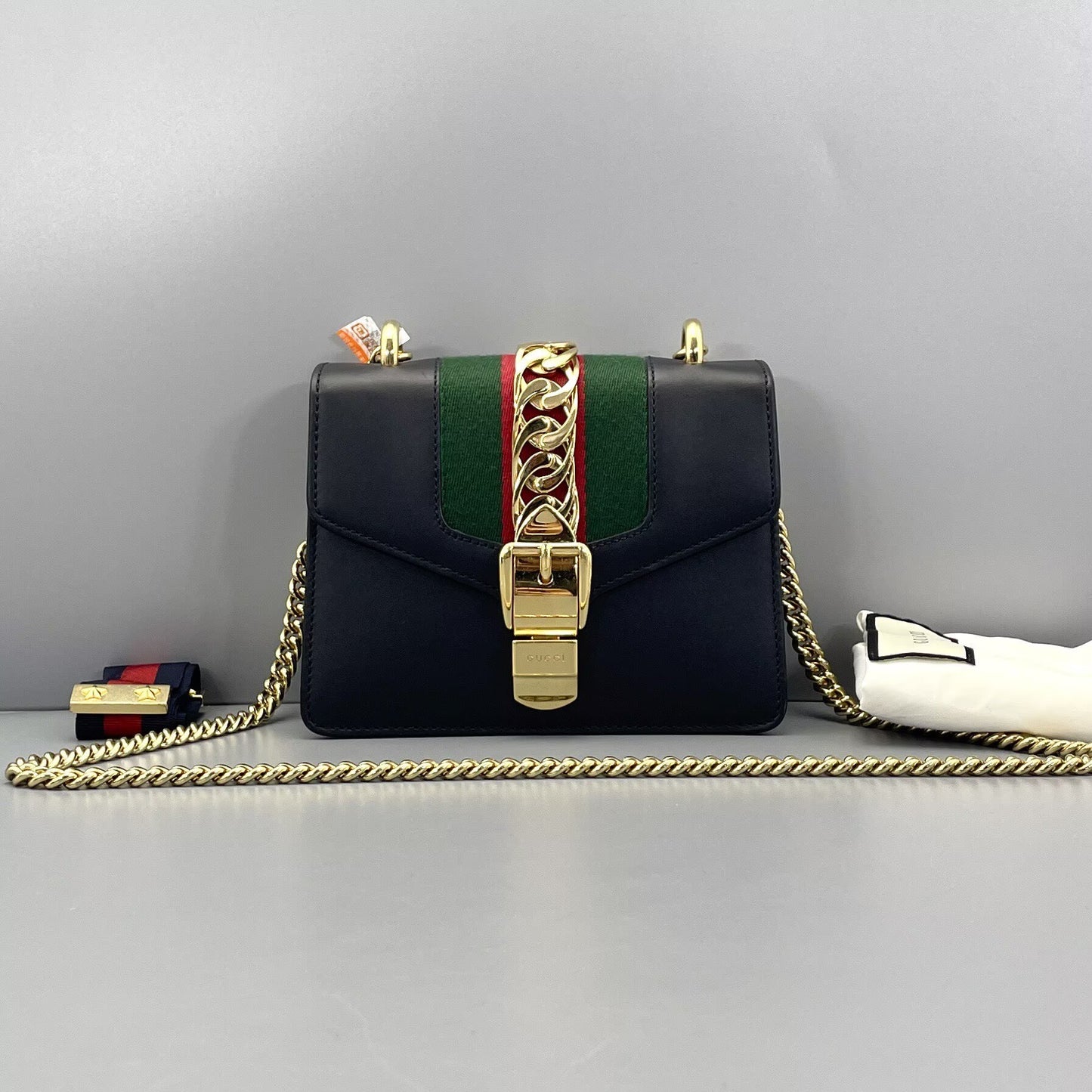 Gucci - Sylvie Small - Smooth leather with canvas Web stripe - Black with green and red Web detail - (small)