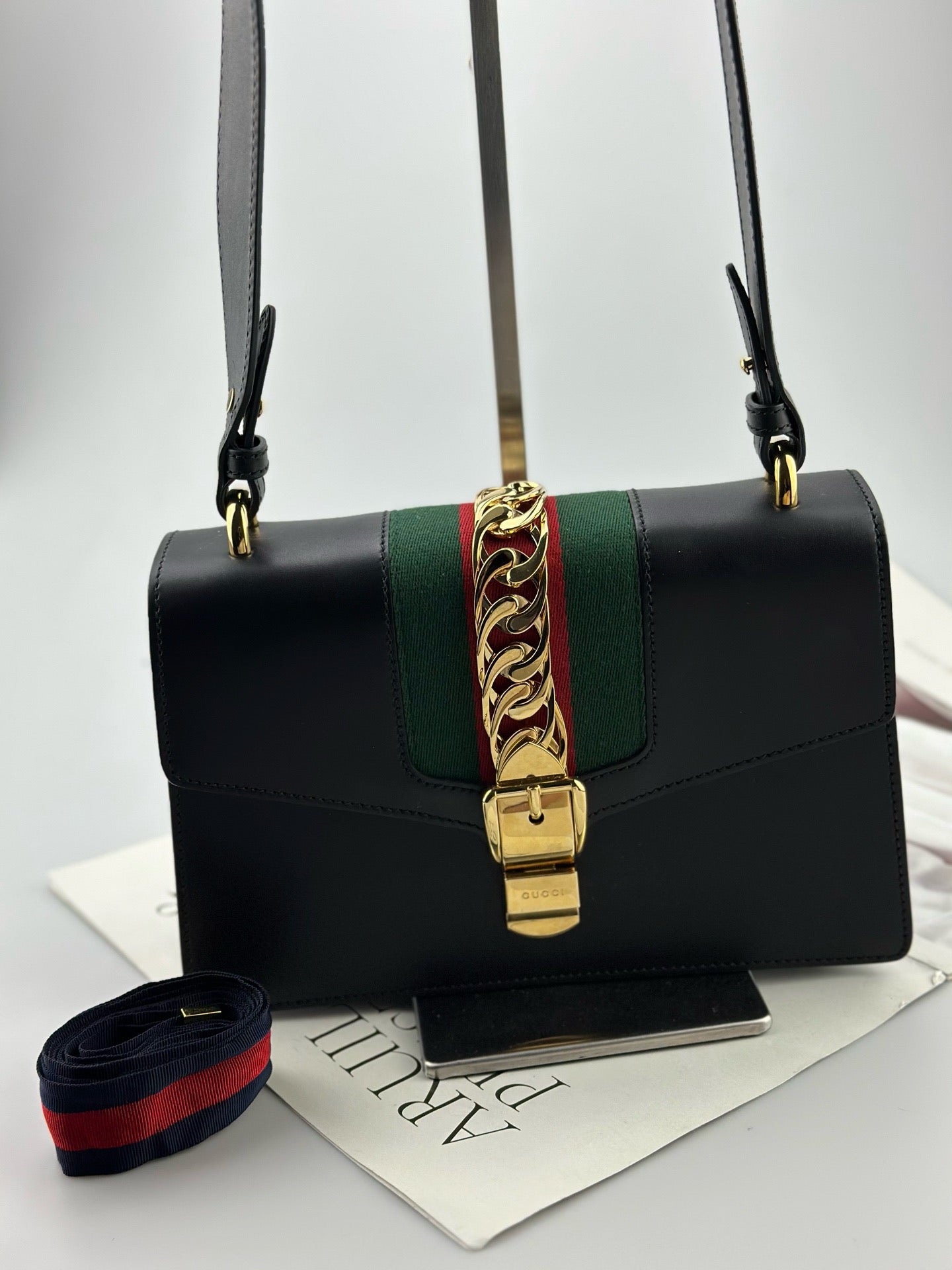 Gucci - Sylvie - Smooth leather - Black with Web stripe - (Small)