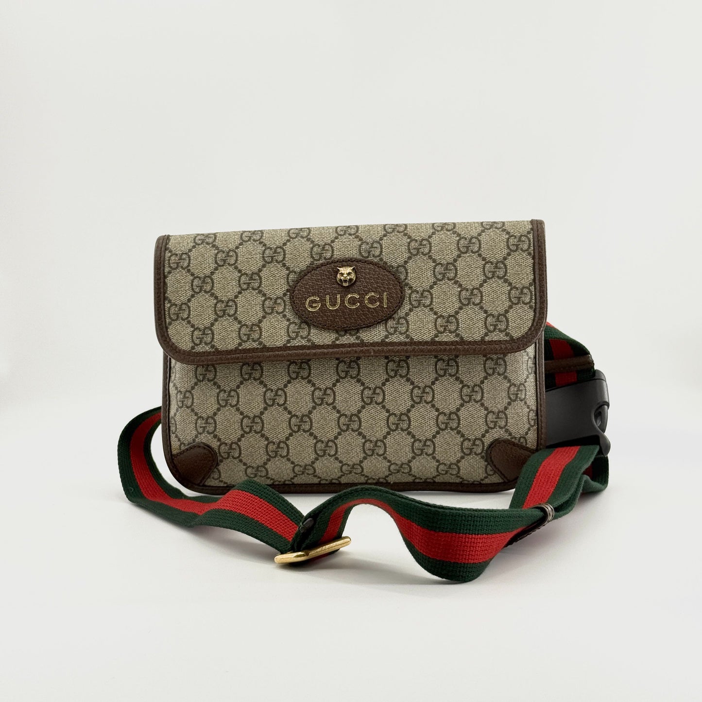Gucci - Tiger Head Belt Bag - GG Supreme canvas with leather trim - Beige and Brown with Red and Green Web - (small)