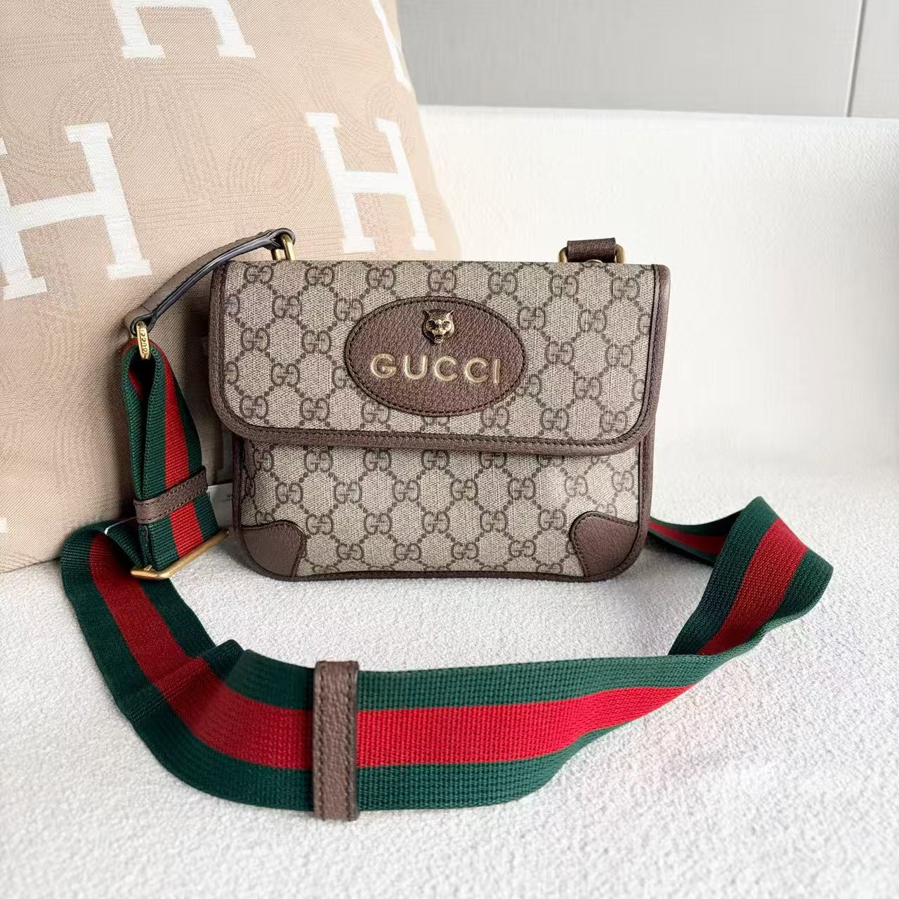 Gucci - Tiger Head Belt Bag - GG Supreme canvas with leather trim - Beige and Brown with Red and Green Web Strap - (small)