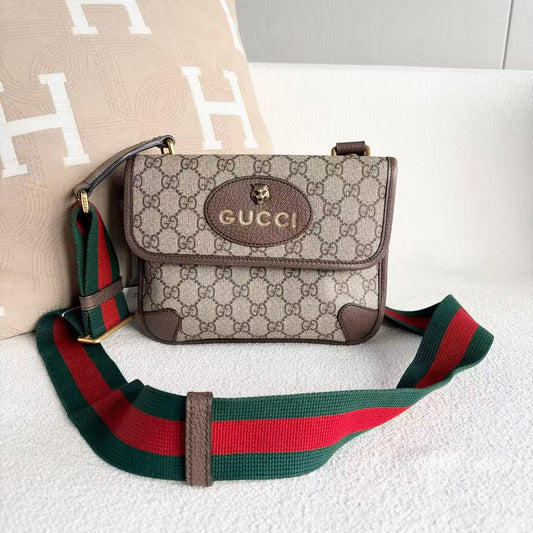Gucci - Tiger Head Belt Bag - GG Supreme canvas with leather trim - Beige and Brown with Red and Green Web Strap - (small)