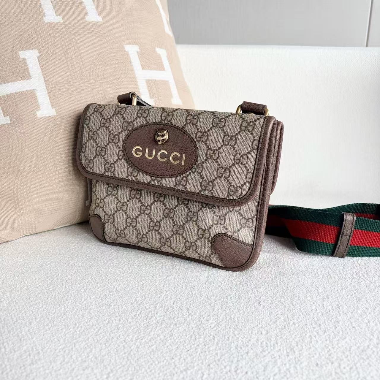 Gucci - Tiger Head Belt Bag - GG Supreme canvas with leather trim - Beige and Brown with Red and Green Web Strap - (small)