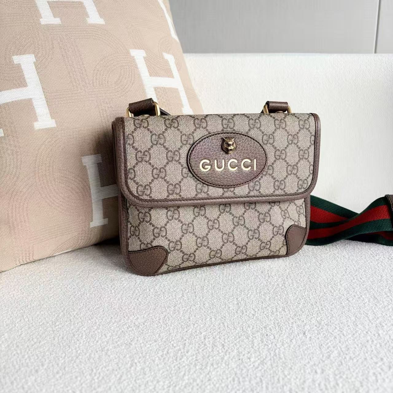 Gucci - Tiger Head Belt Bag - GG Supreme canvas with leather trim - Beige and Brown with Red and Green Web Strap - (small)