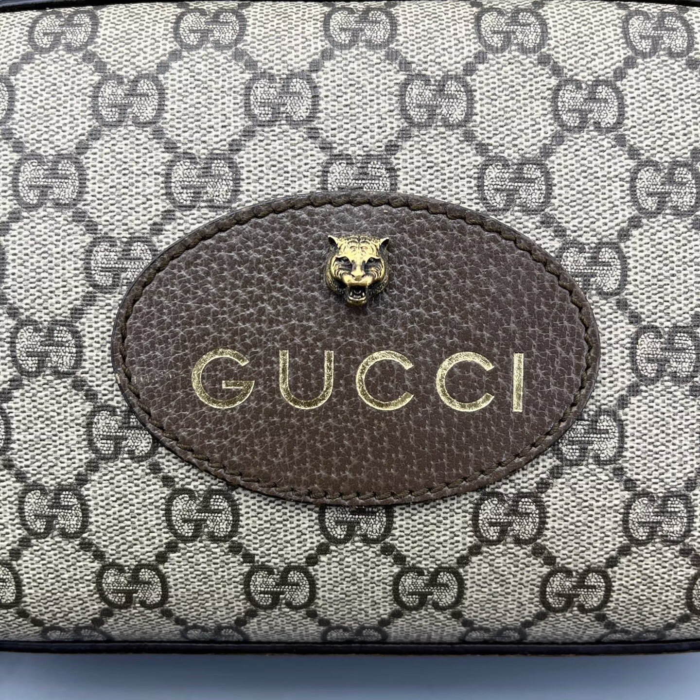 Gucci - Tiger Head Camera Bag - GG Supreme canvas with leather trim - Ebony (Brown) with multicolour strap - (Small)