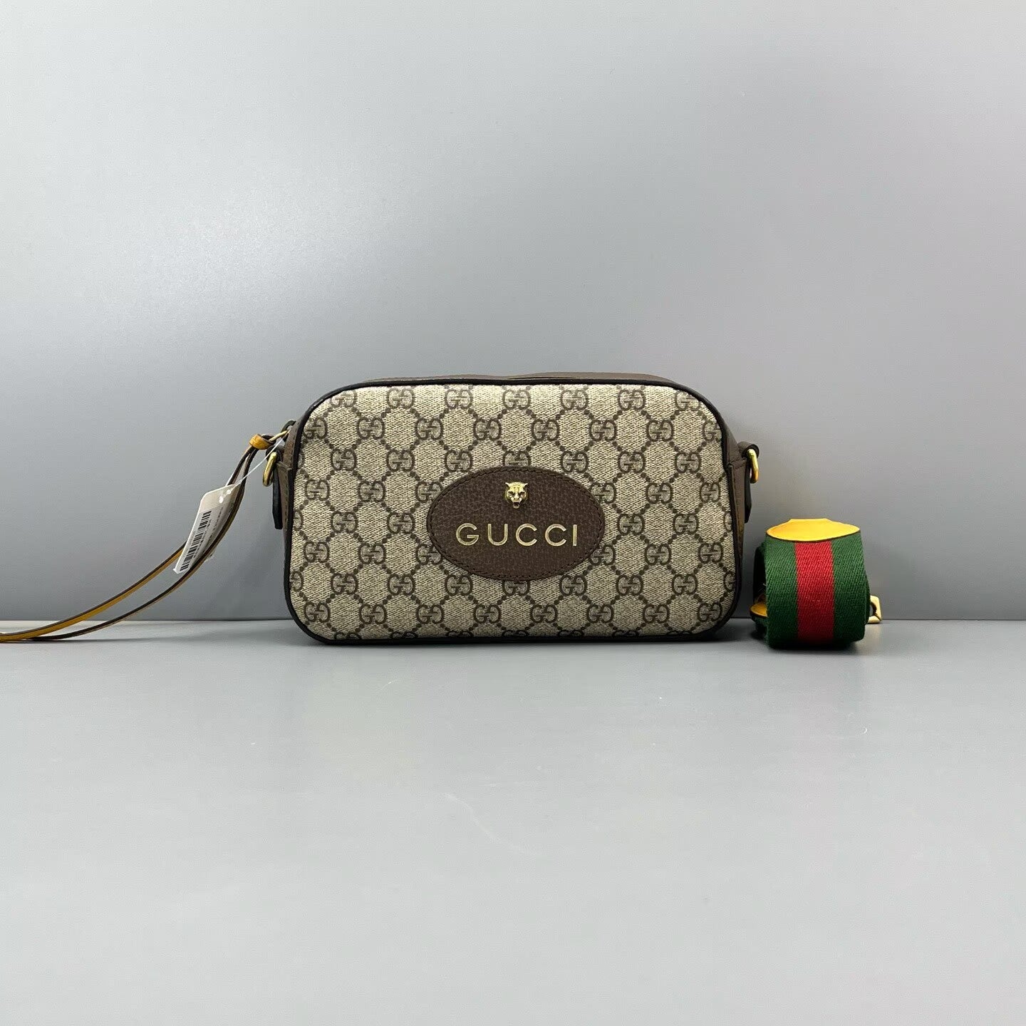 Gucci - Tiger Head Camera Bag - GG Supreme canvas with leather trim - Ebony (Brown) with multicolour strap - (Small)