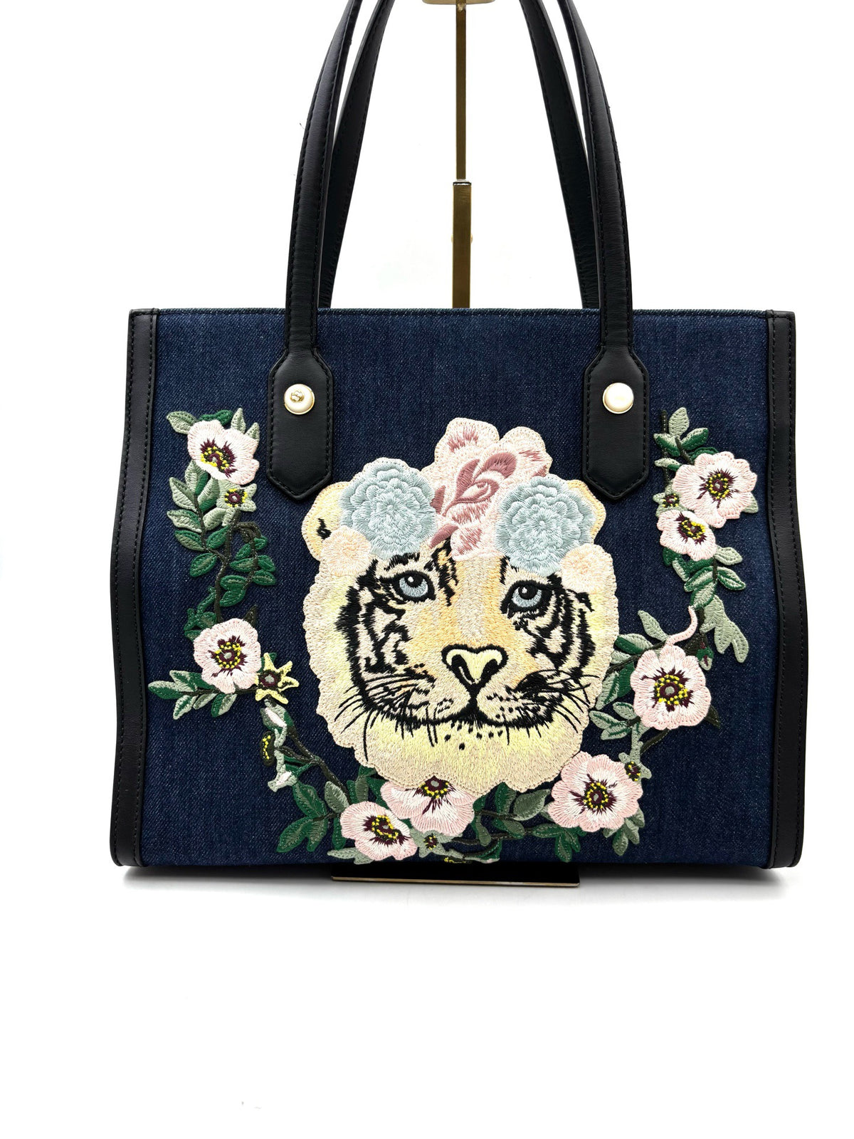 Gucci - Tiger Head Floral Embroidery Denim Tote Bag - Denim - Jeans - Blue - (medium)
